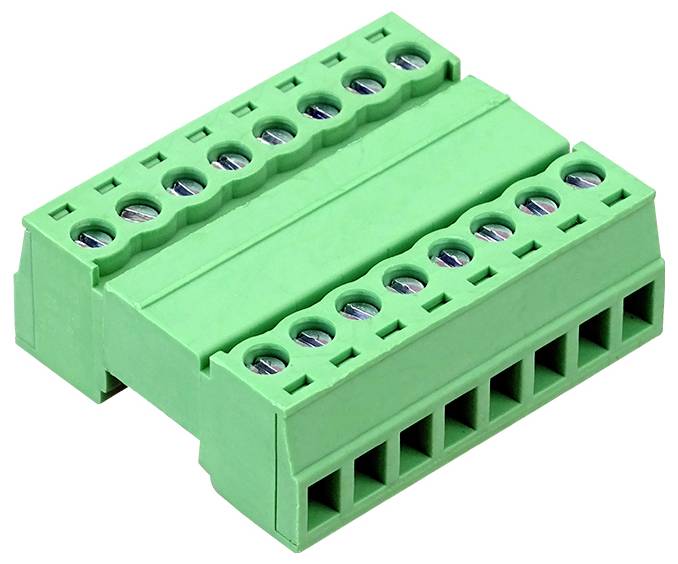 Green screw terminal block connector with multiple wire ports on a white background