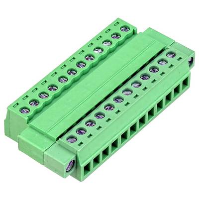 Green screw terminal block connector with two rows of screw-clamp wire ports and a central divider, shown on white background.