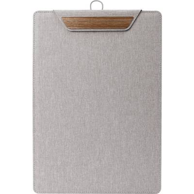 A gray fabric clipboard folder with a wooden accent at the top, shown closed on a white background.