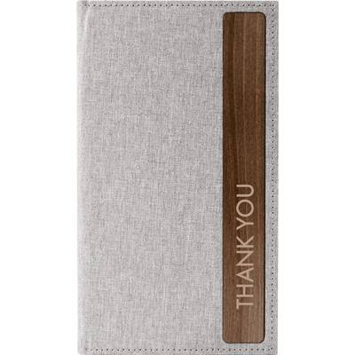 Gray linen-textured notebook cover with a vertical wooden strip embossed 'THANK YOU'<br>
