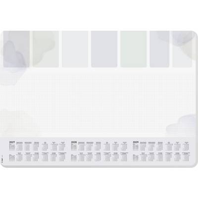 Blank 2027-2029 calendar template with pastel header panels and small monthly date grids along the bottom<br>