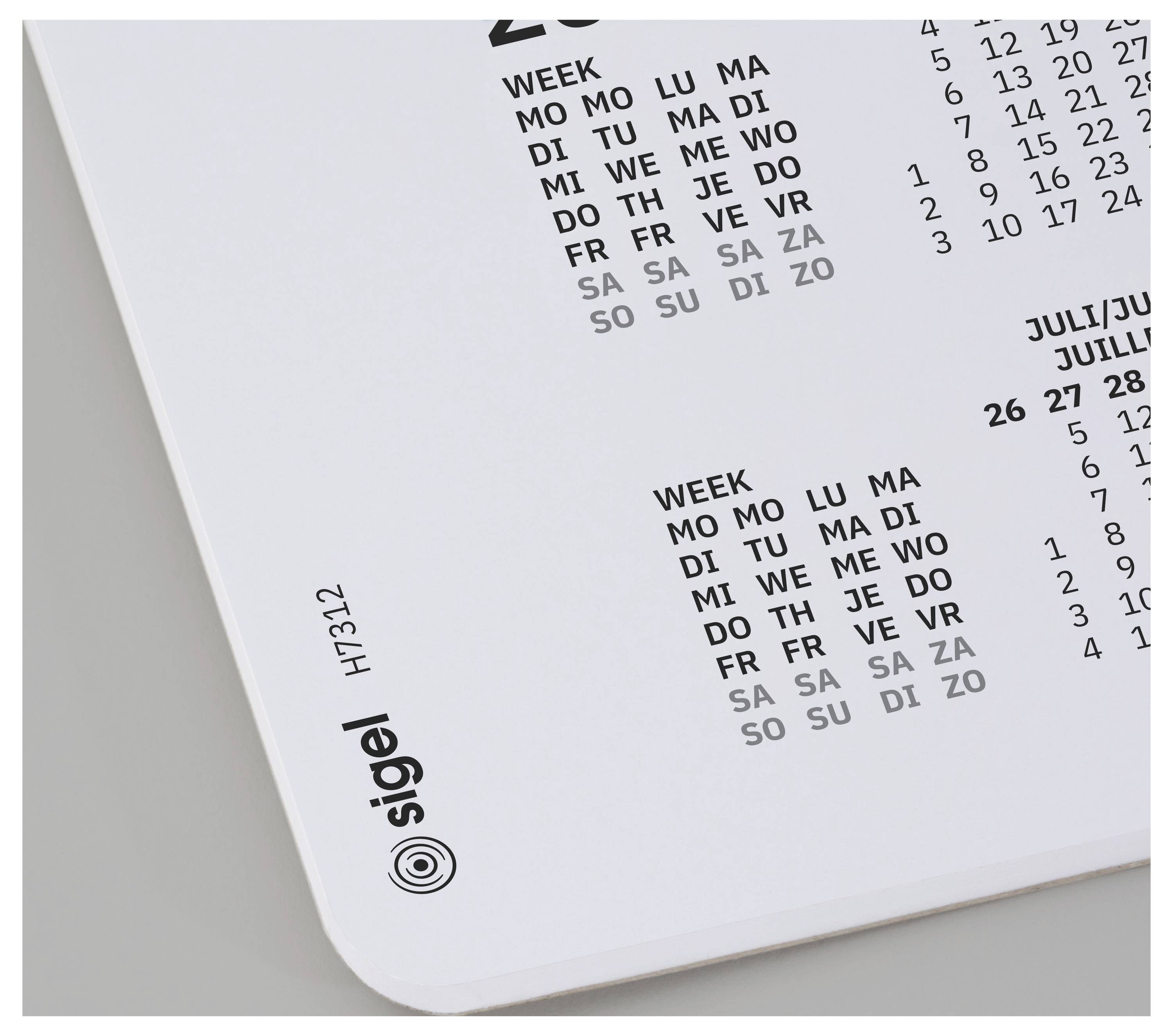 Close-up of a white printed calendar page with the Sigel logo and month/day grid in multiple languages.