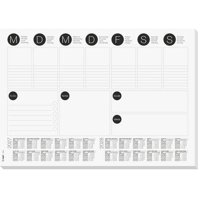 Blank weekly planner calendar template with seven day columns labeled Monday through Sunday, sections for To Do, Notes, Goals, and Ideas, and 2027–2028 mini calendars at the bottom.