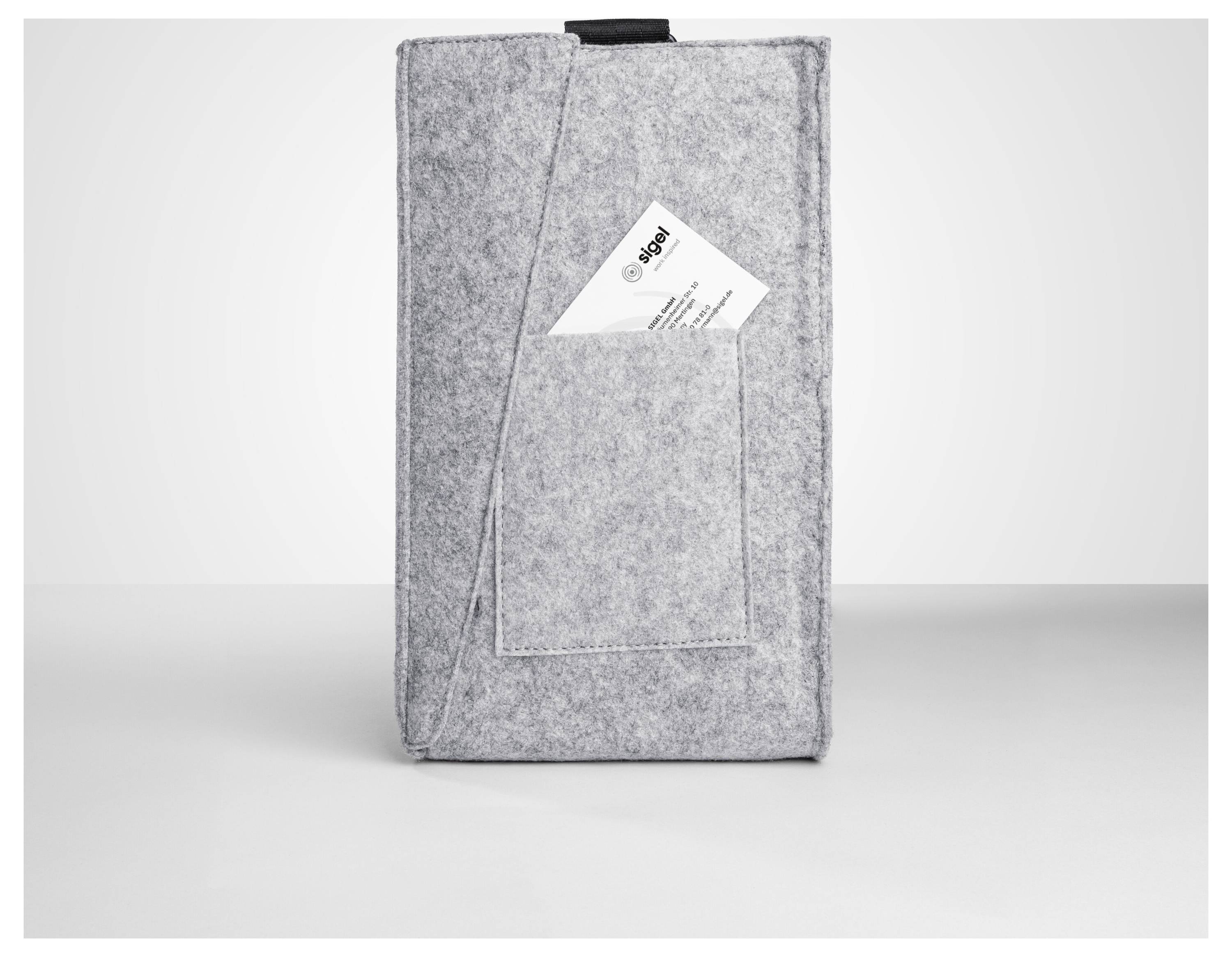 Gray felt tote bag with a front pocket holding a folded paper card, shown upright on a plain light background.