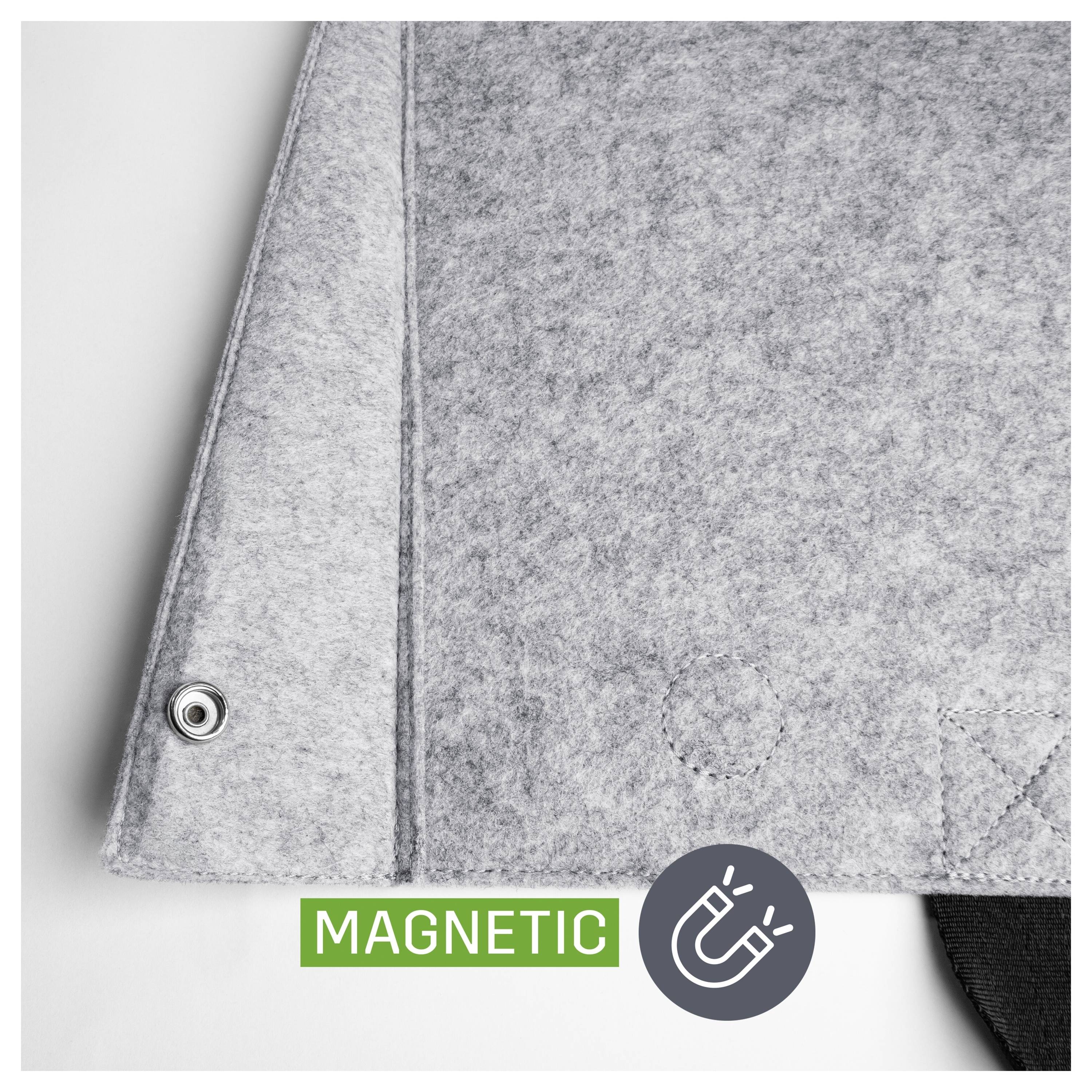 Close-up of a gray felt fabric flap with a magnetic snap closure, labeled 'MAGNETIC'.