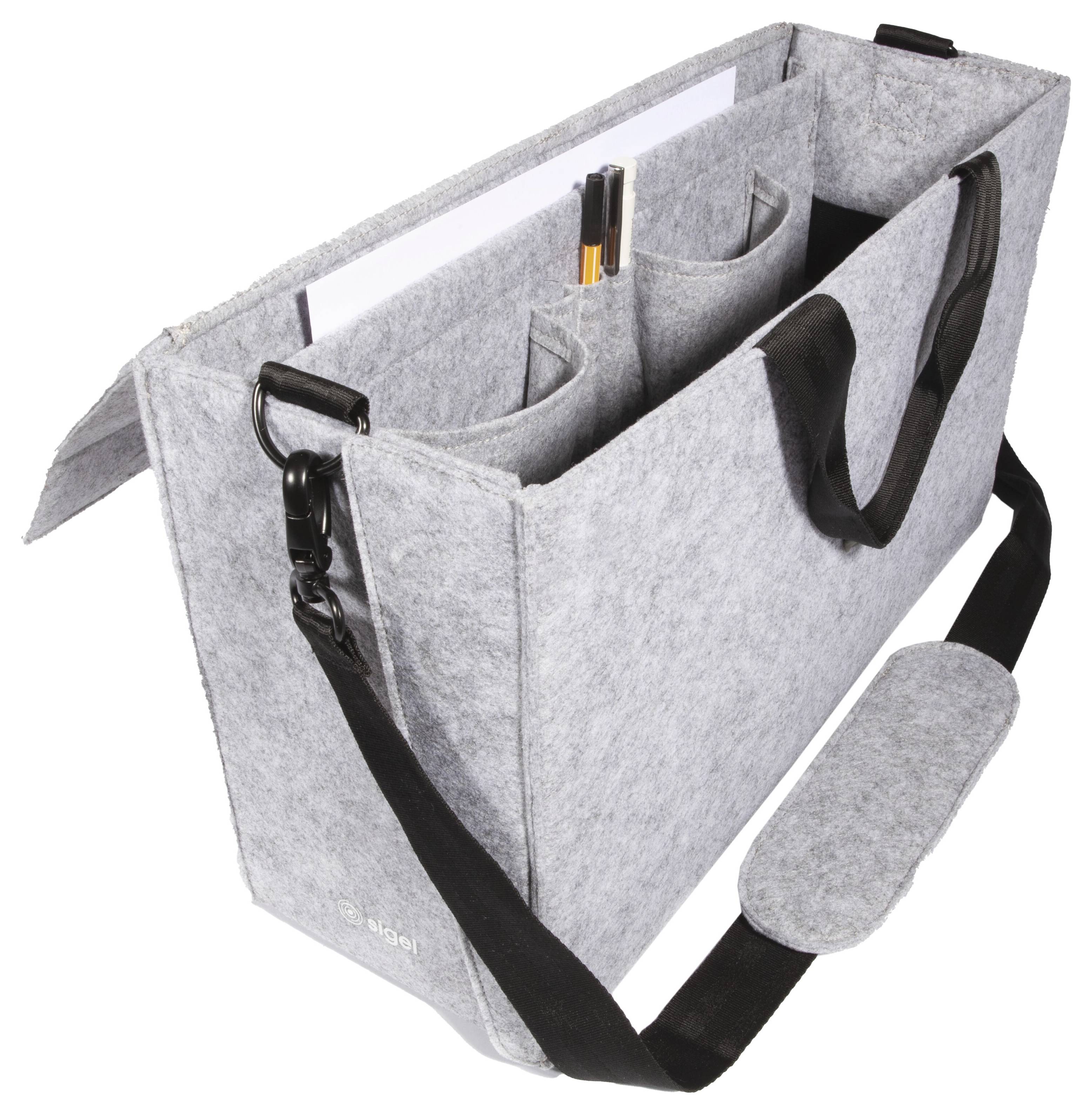 Gray felt tote bag with black shoulder strap and multiple interior compartments, shown open with pens inside.