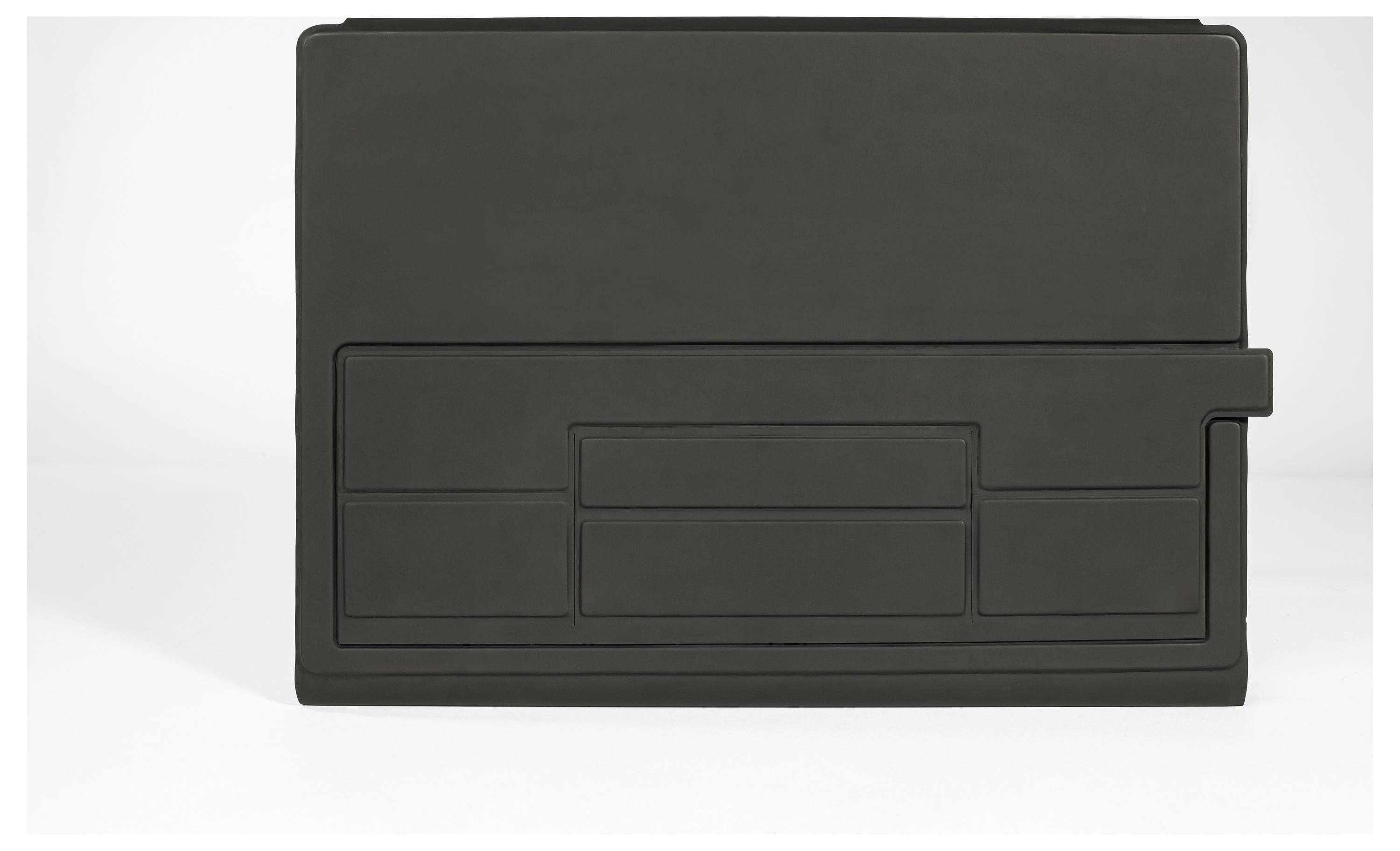 Black rectangular portfolio folder with a front pocket and flap, shown closed on a plain white background.