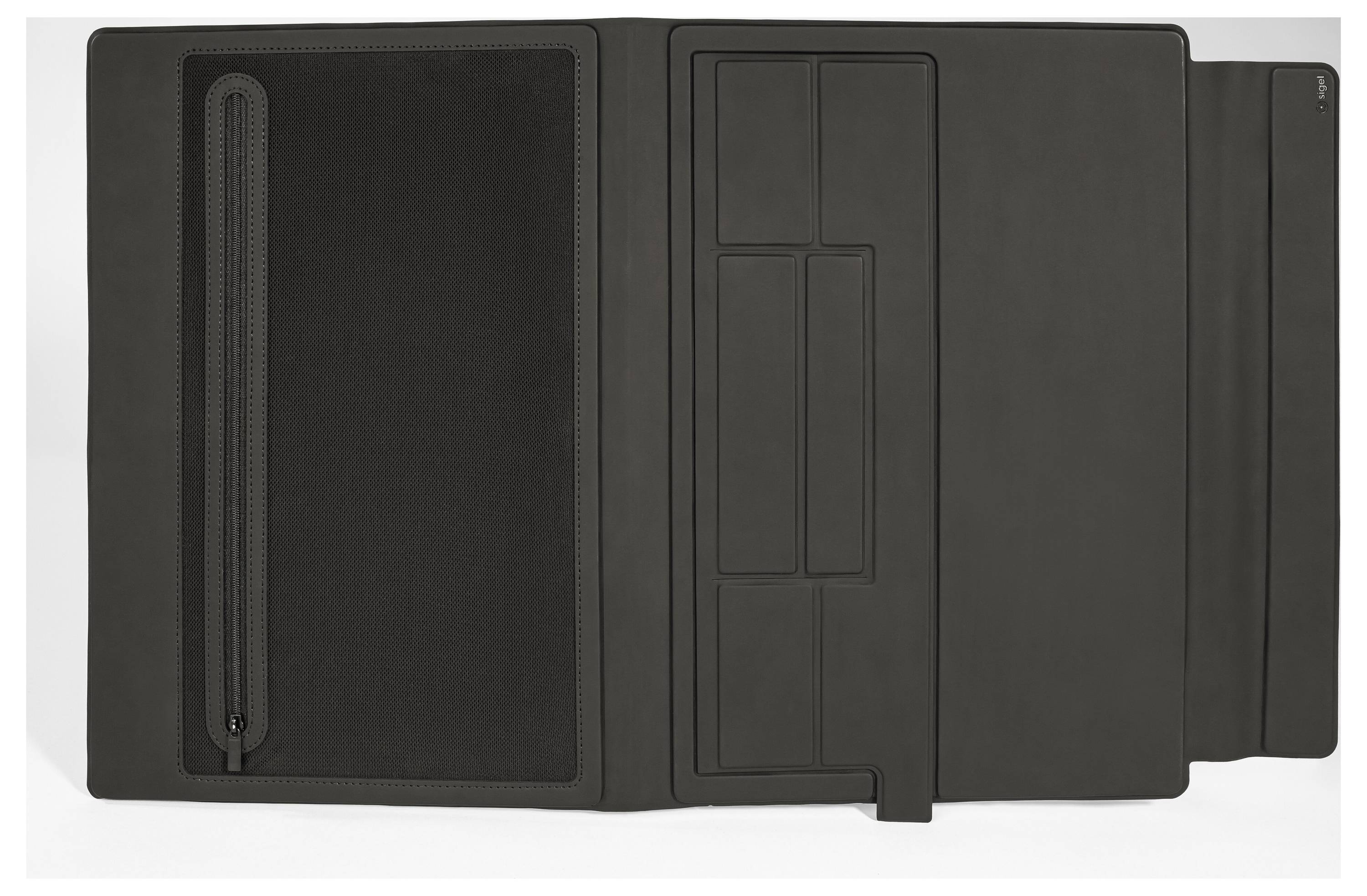 Black multi-panel folder or tablet case shown closed, with a zippered pocket on the left and fold-out flap on the right.