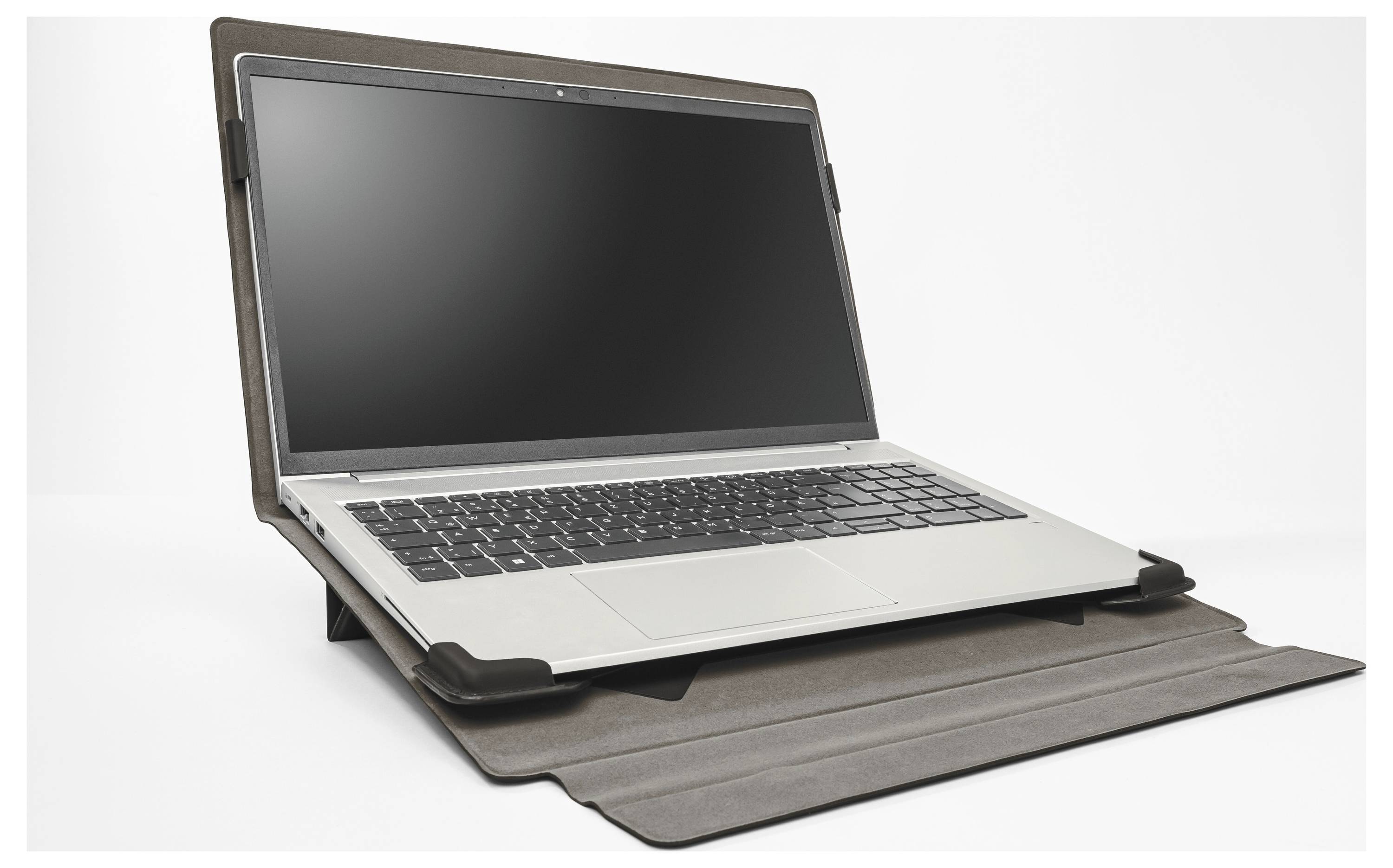 Laptop in a protective folio case with an integrated stand, open on a white background.<br>