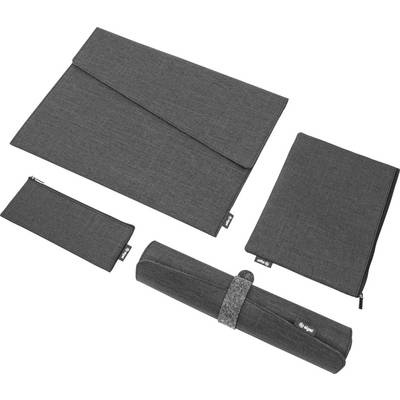 Four dark gray foldable fabric cases and sleeves displayed on a white background, including zippered pouches and a rolled case with strap.<br>