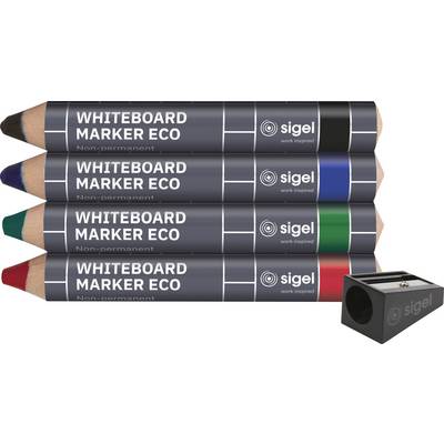 Four Sigel Whiteboard Marker Eco pens in black, blue, green, and red, with a black pencil sharpener at the bottom right.