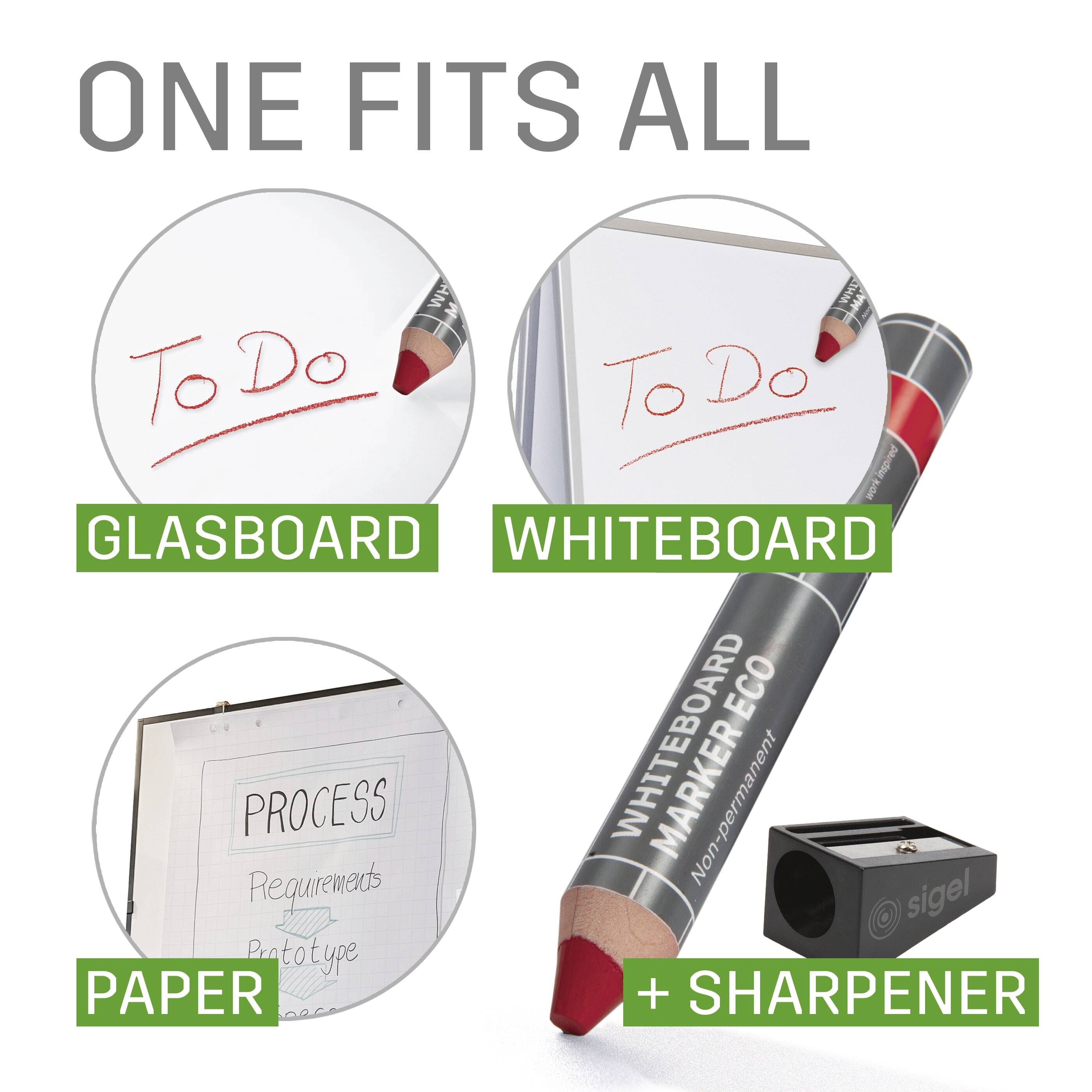 Graphic showing a 'One fits all' marker for glassboards, whiteboards and paper, plus a sharpener; examples show 'To Do' and 'Process' writing surfaces.