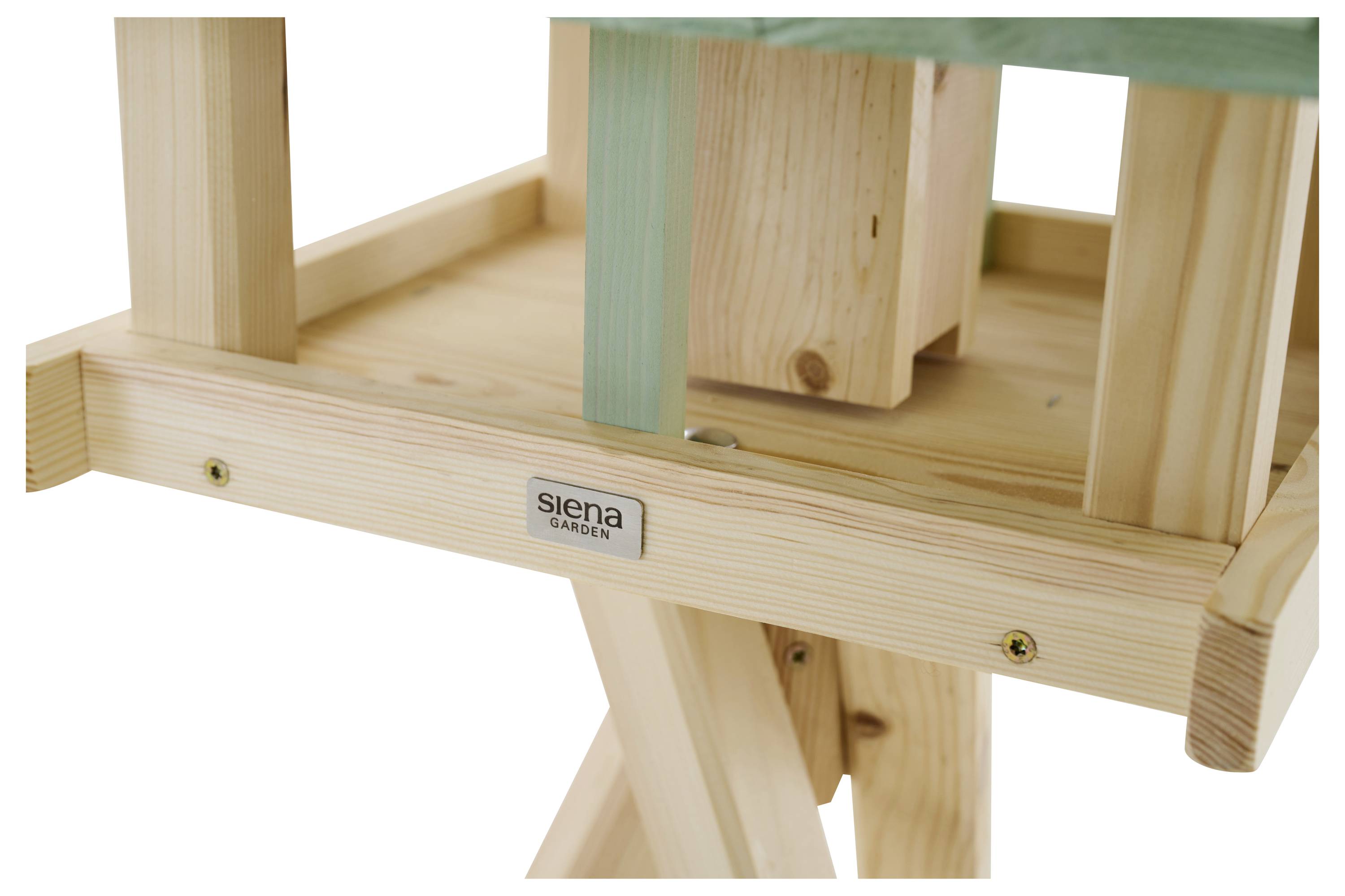 Close-up of a wooden garden structure or stool with a 'siena GARDEN' label on the front beam.