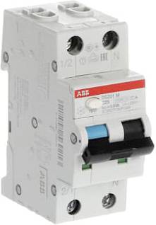 ABB two-pole miniature circuit breaker with white body and black toggle switch on a plain background.