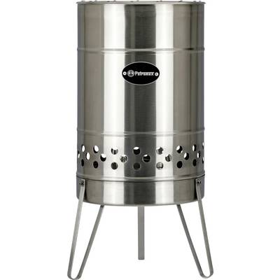 Stainless steel outdoor heater or stove on three legs, with circular ventilation holes near the base and a 'Petromax' logo on the front.