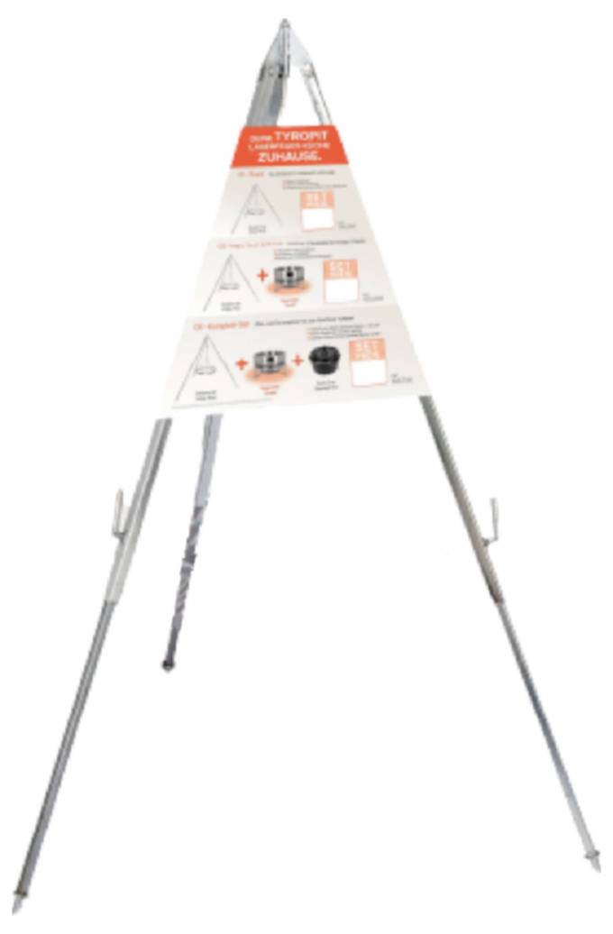 A silver tripod easel with three extendable legs and a red warning label on the top, shown front view on a white background.