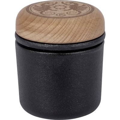 Black insulated cup with a wooden lid engraved with a decorative compass rose design.