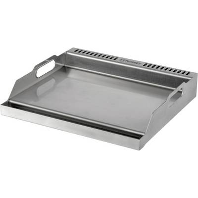 Stainless steel flat-top griddle plate with raised edges and side handles for cooking or serving food.<br>