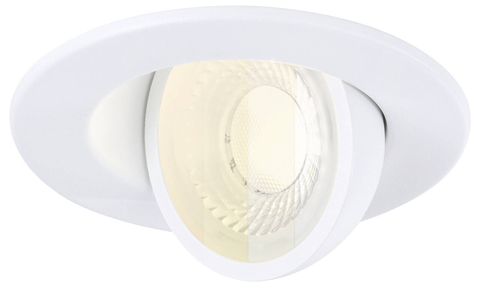 Round recessed ceiling light with a white trim and a clear glass diffuser, showing a warm illuminated interior.