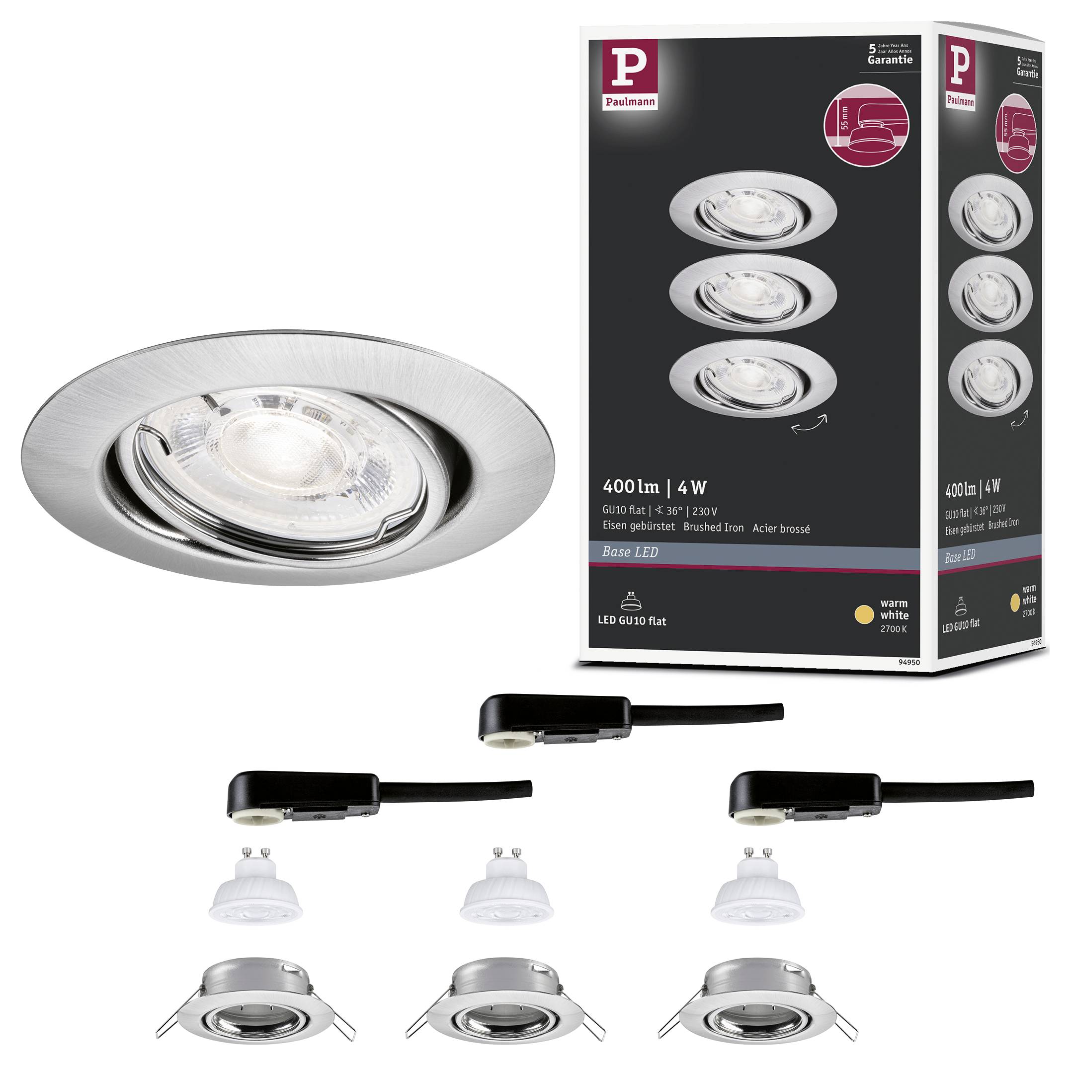 Product image of a brushed chrome recessed LED spotlight, shown with packaging and installation steps, indicating a 400 lm, 4 W GU10 flat downlight.