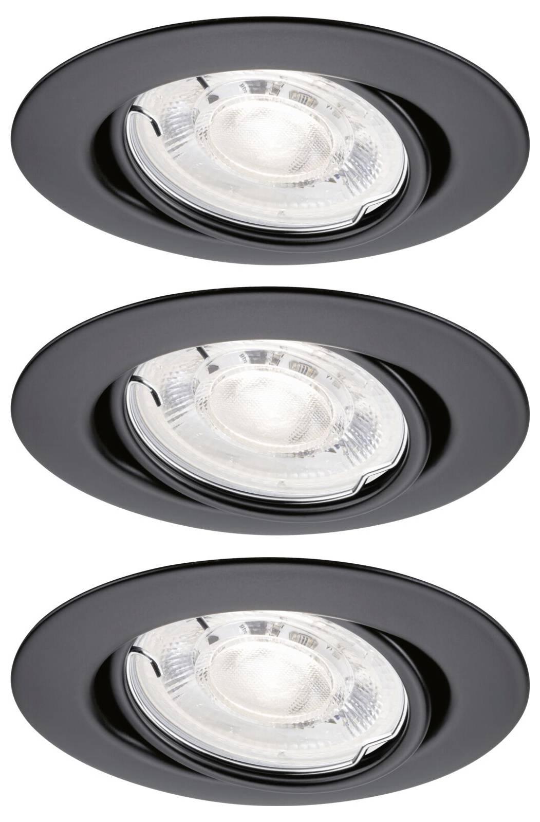 Three black recessed ceiling light fixtures with bright circular bulbs, shown stacked vertically on a white background.