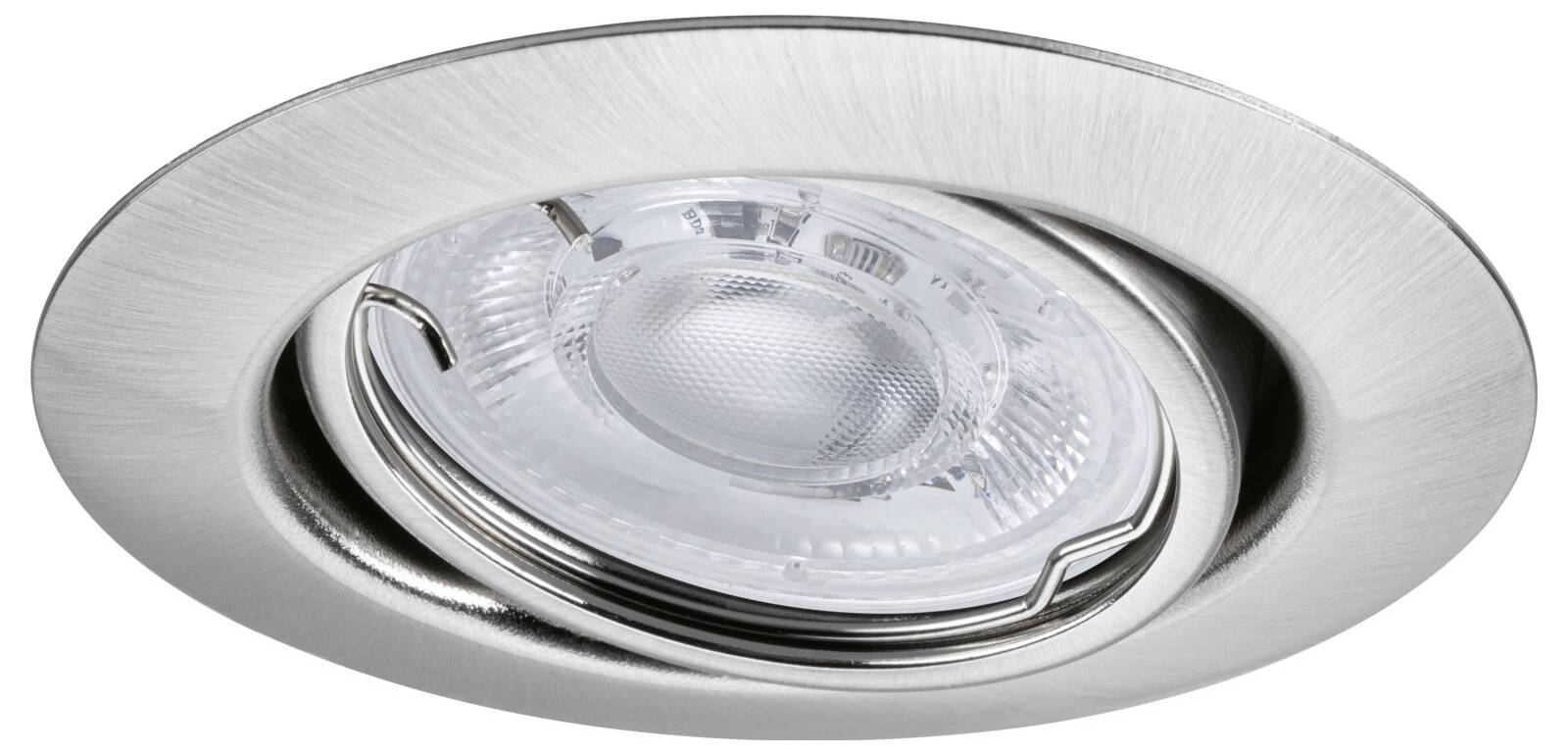 Recessed round brushed-metal ceiling spotlight with clear glass lens and adjustable inner ring.