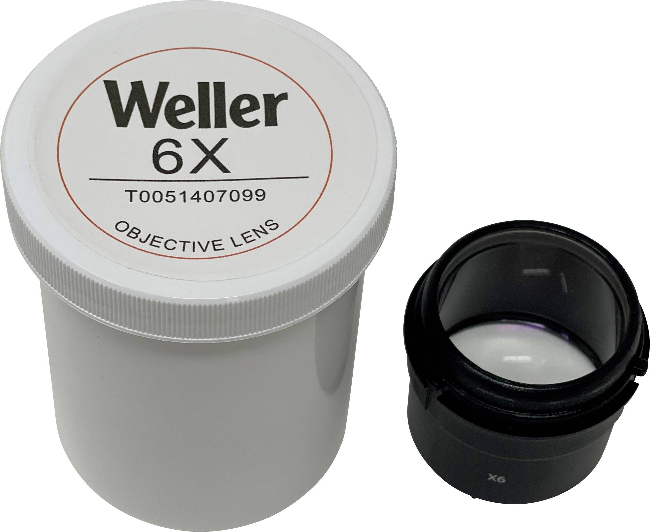 Weller 6X objective lens in a labeled case, with the lens shown beside the container.