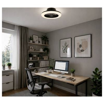 Modern home office with desk, computer, office chair, shelving, plants, and framed wall art beside a window with curtains.