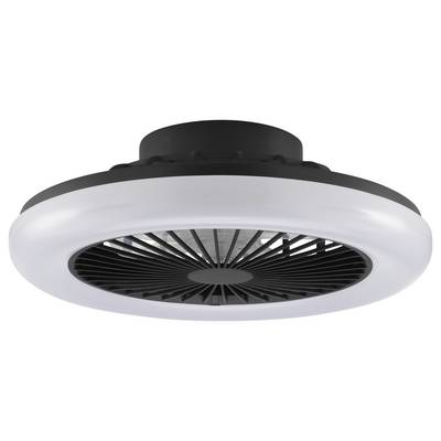 Round black-and-white ceiling fan with a circular light ring and central vent, shown against a white background.