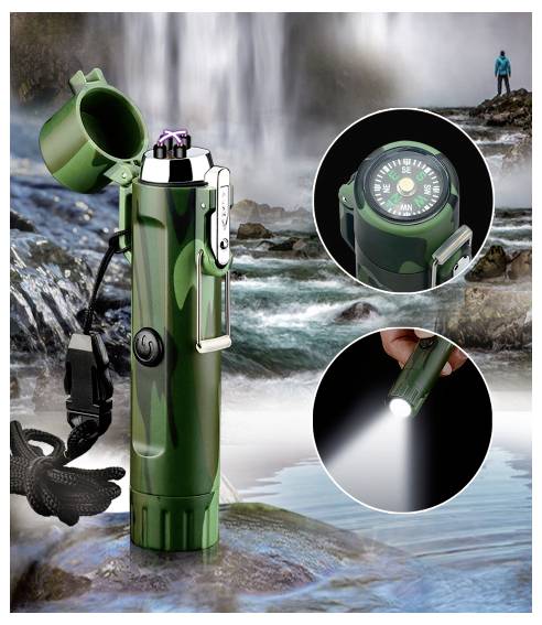 Green tactical flashlight with compass and wrist strap, shown by a waterfall with close-ups of the compass top and bright beam.