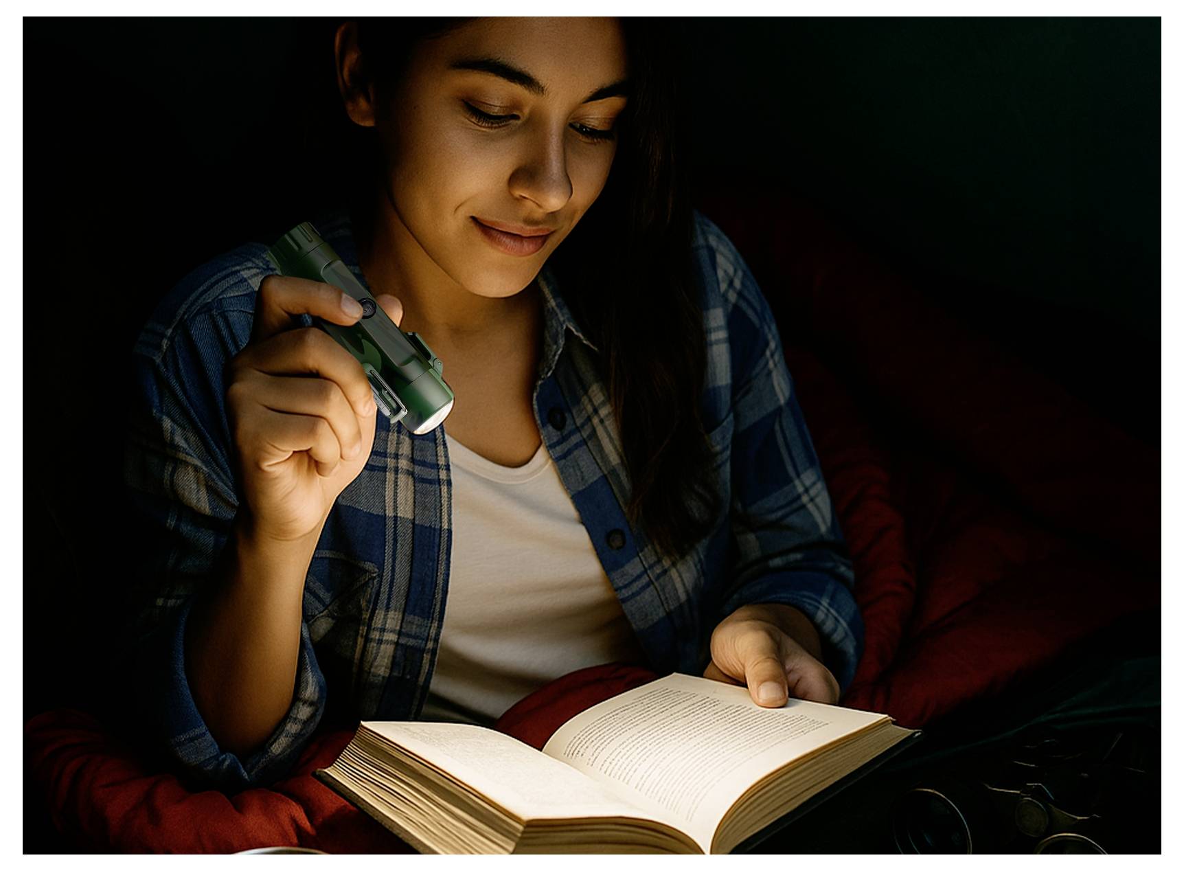 Young woman reading an open book by flashlight in a dark room, illuminated by warm light while sitting on a bed or couch.