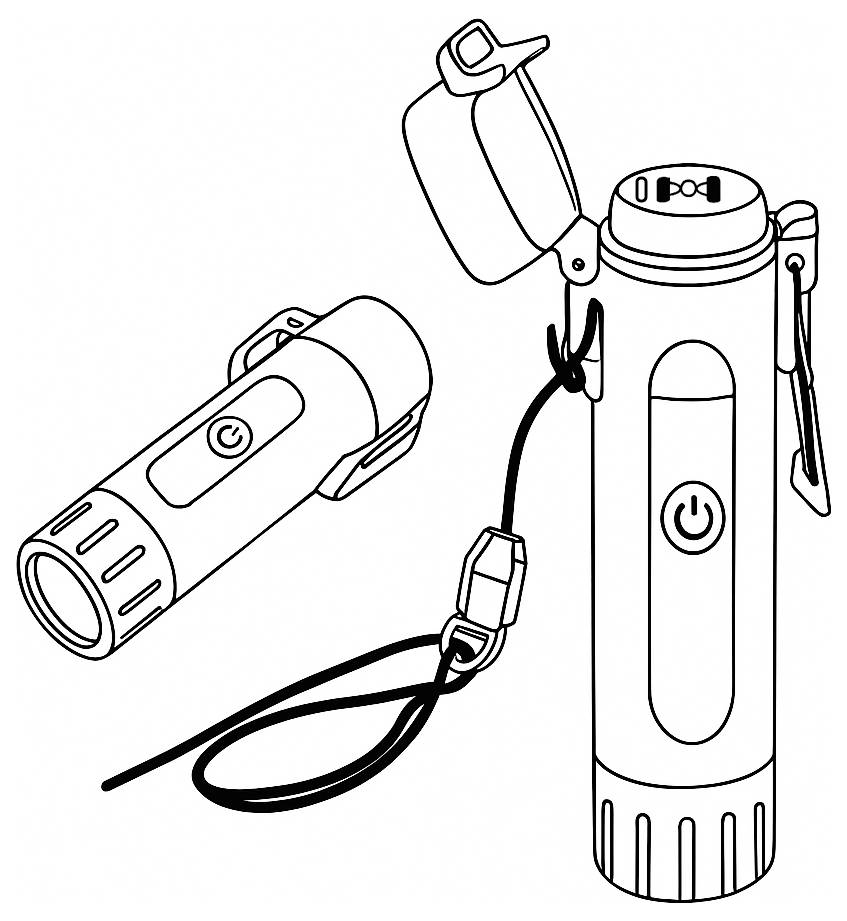 Line drawing of a cylindrical flashlight with a wrist strap and cap open, shown alongside a separate smaller flashlight component or accessory.