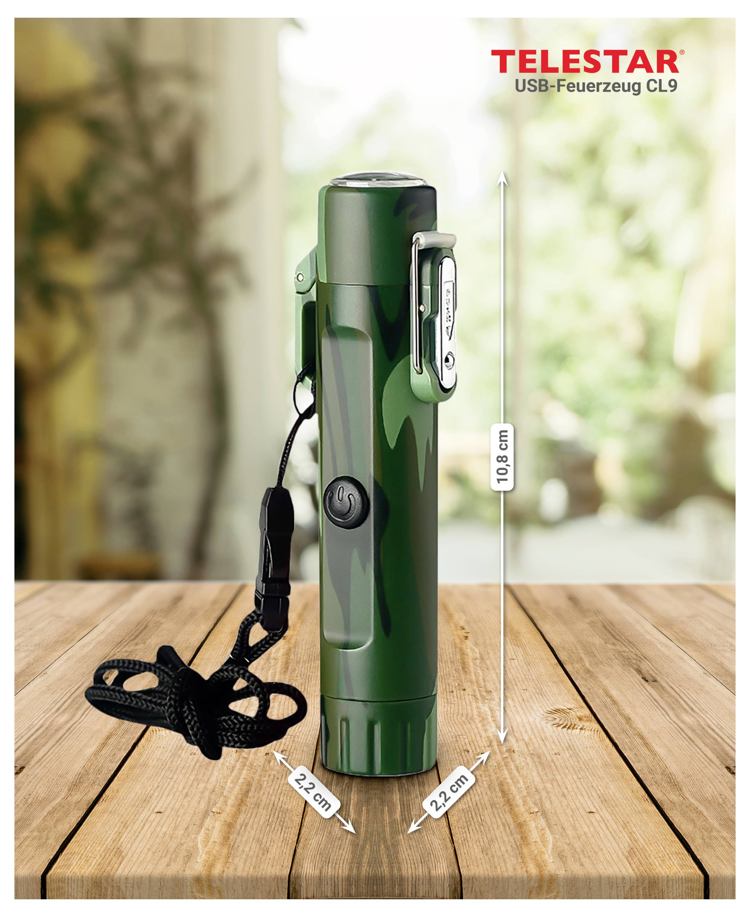 Green TELSTAR USB lighter standing upright on a wooden table, shown with lanyard and dimensions: 10.8 cm tall, 2.2 cm wide and deep.