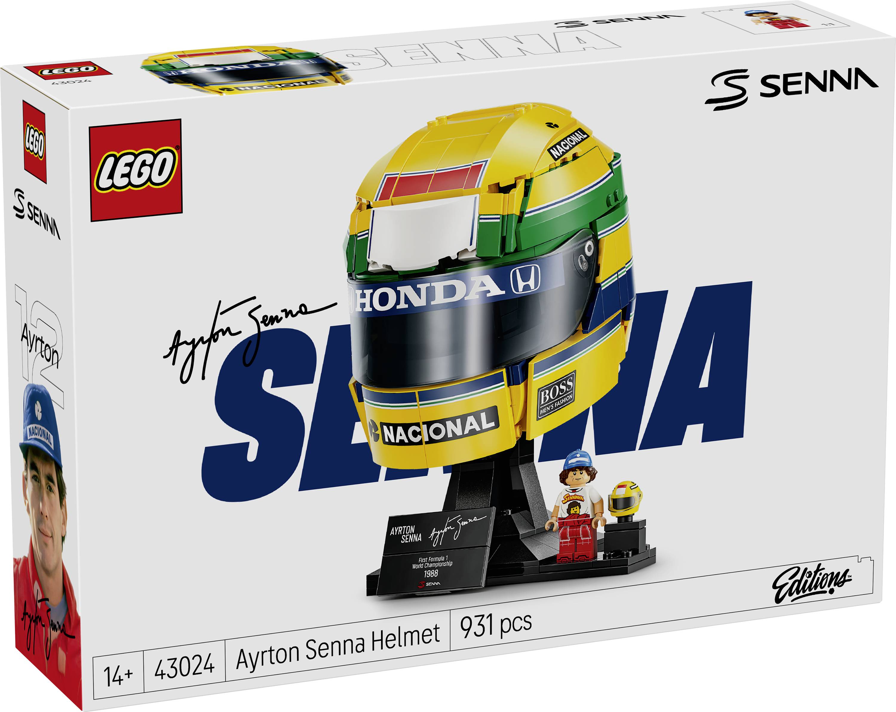 LEGO Icons Ayrton Senna Helmet model set box, showing a yellow-green Honda racing helmet on a stand with minifigures and '931 pcs' on the packaging.