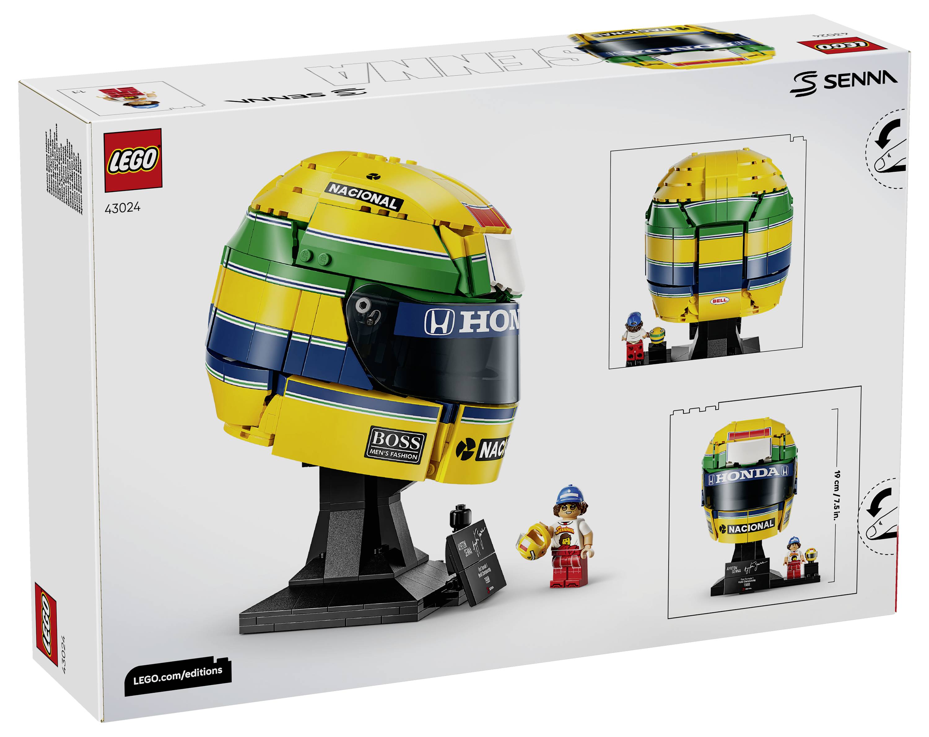 LEGO Icons Ayrton Senna helmet set box featuring a yellow, green, and blue Honda/Nacional racing helmet display model and minifigure.