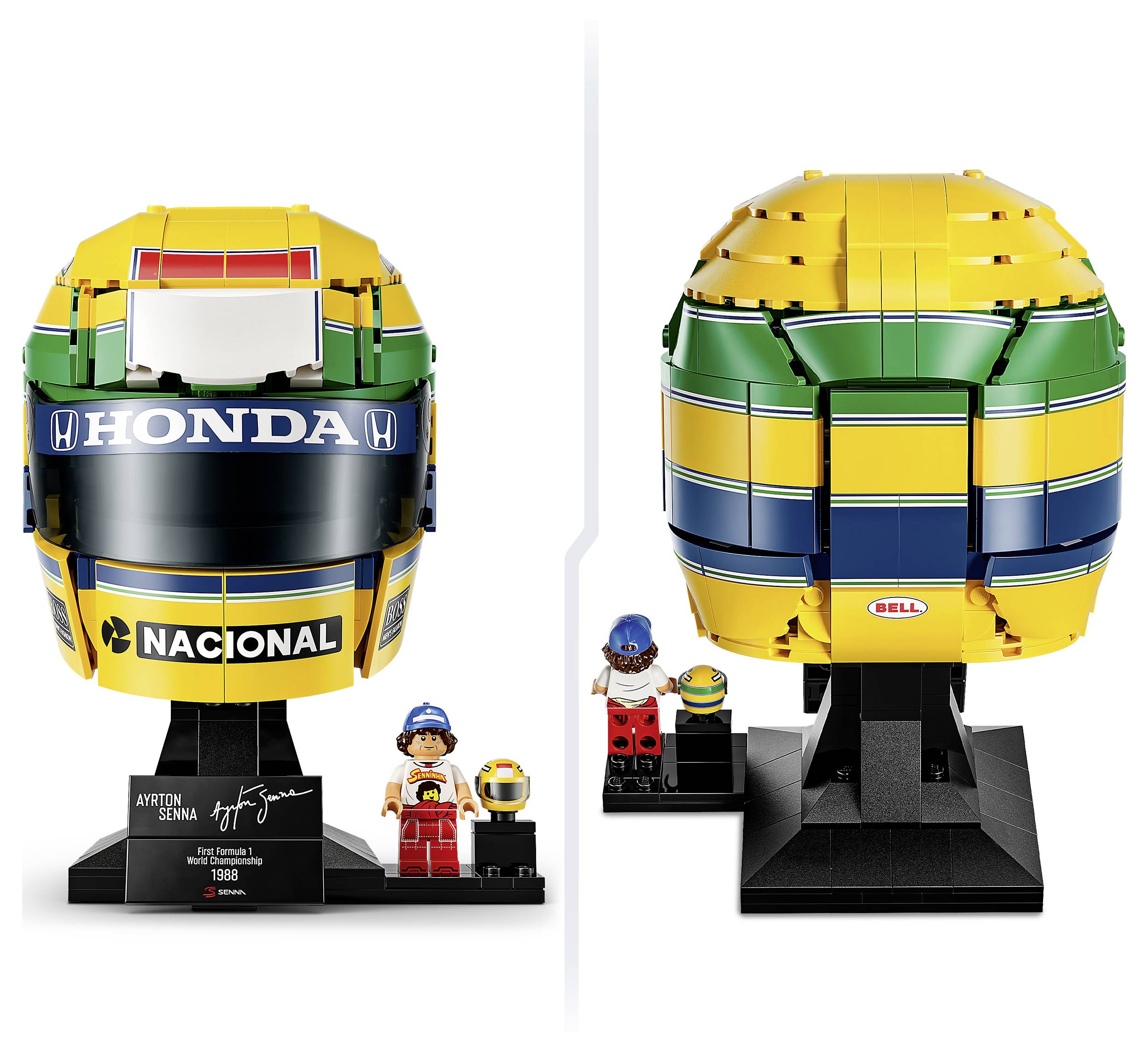 Front and back views of an Ayrton Senna Formula 1 helmet LEGO-style model on a stand, shown with two minifigures and a small helmet accessory.