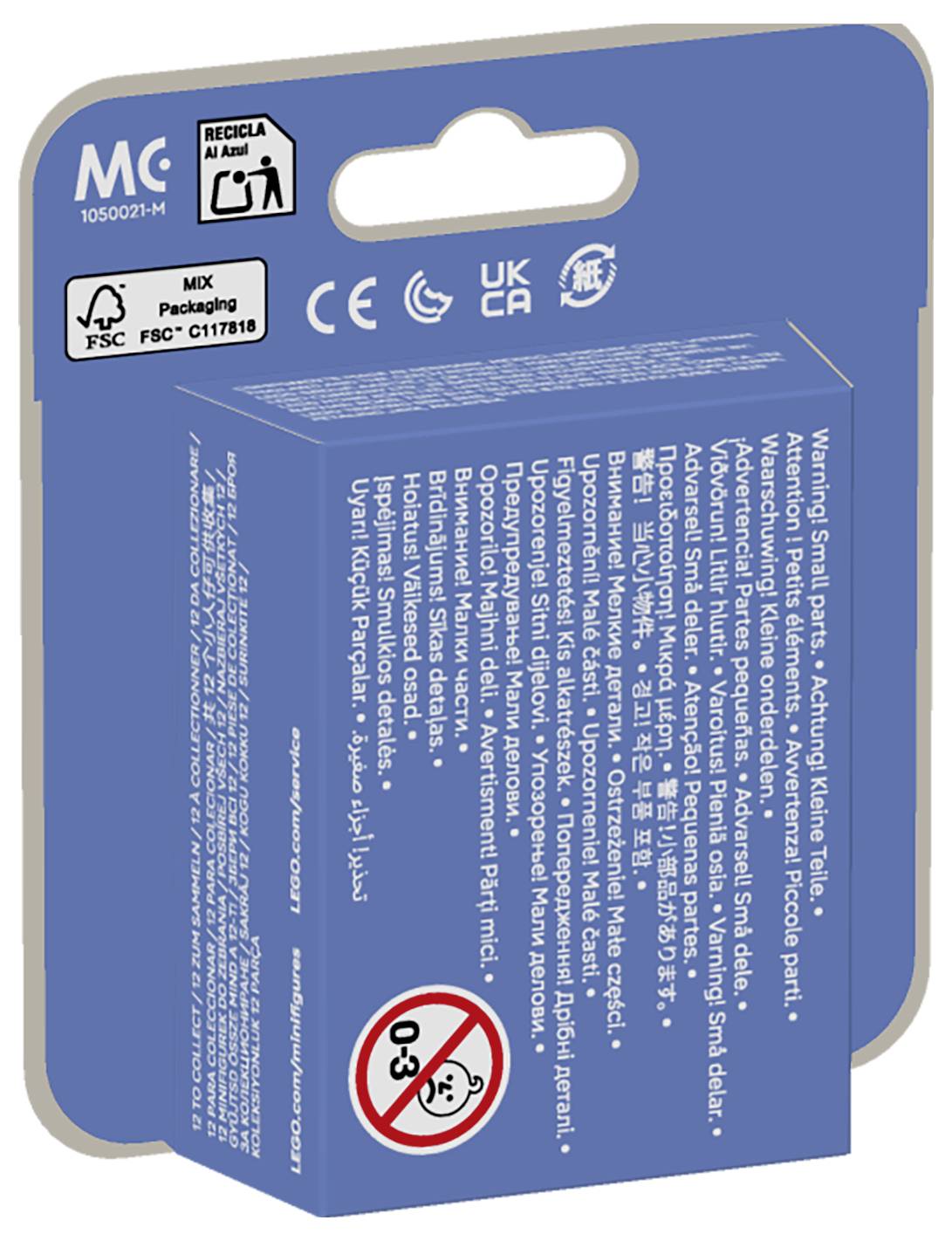 Blue product packaging box shown from the back and side, covered with multilingual warning and recycling labels, certification marks, and a '0-3' choking hazard symbol.