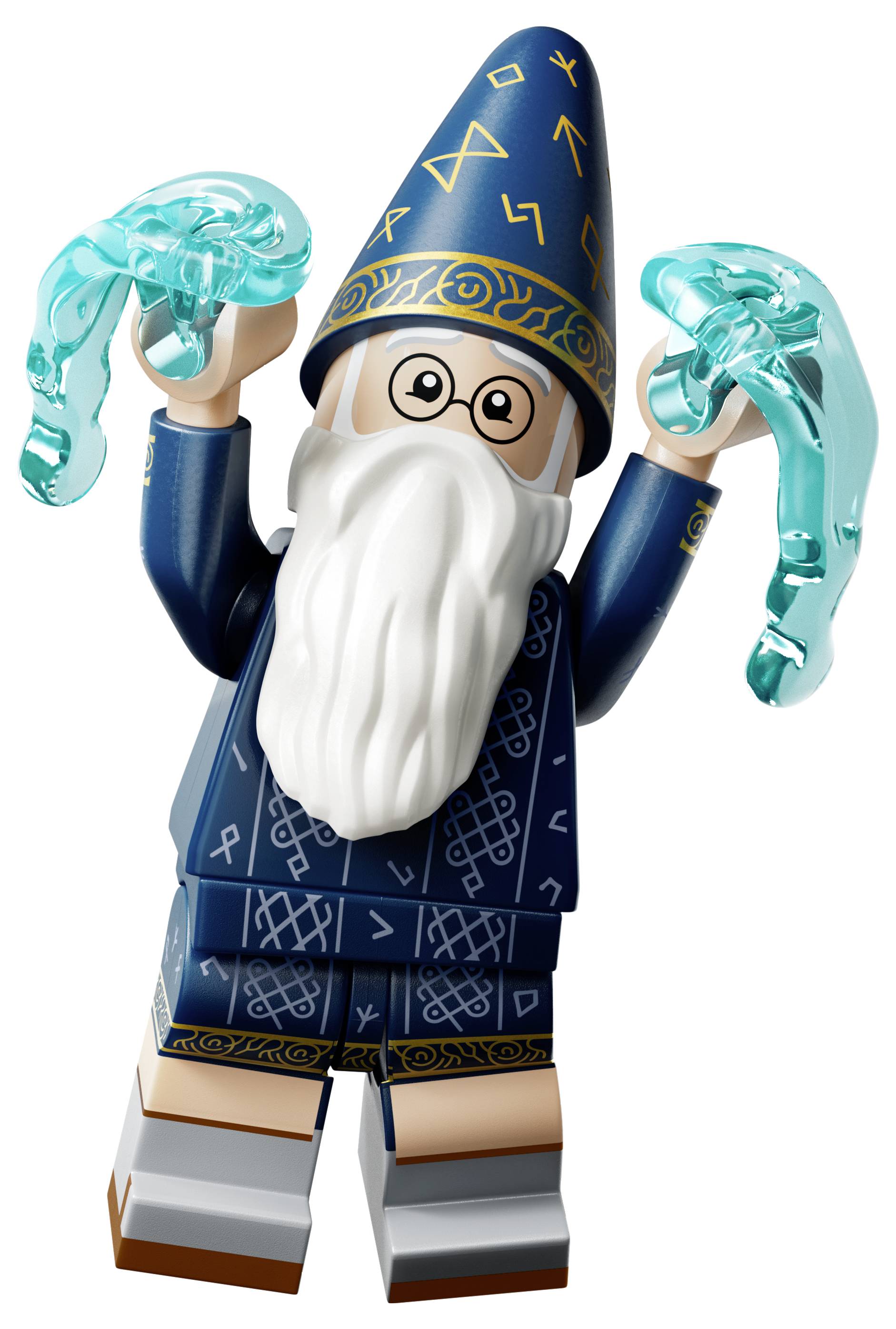 Blue-robed wizard minifigure with white beard and pointed hat, holding up two turquoise magical energy shapes against a white background.