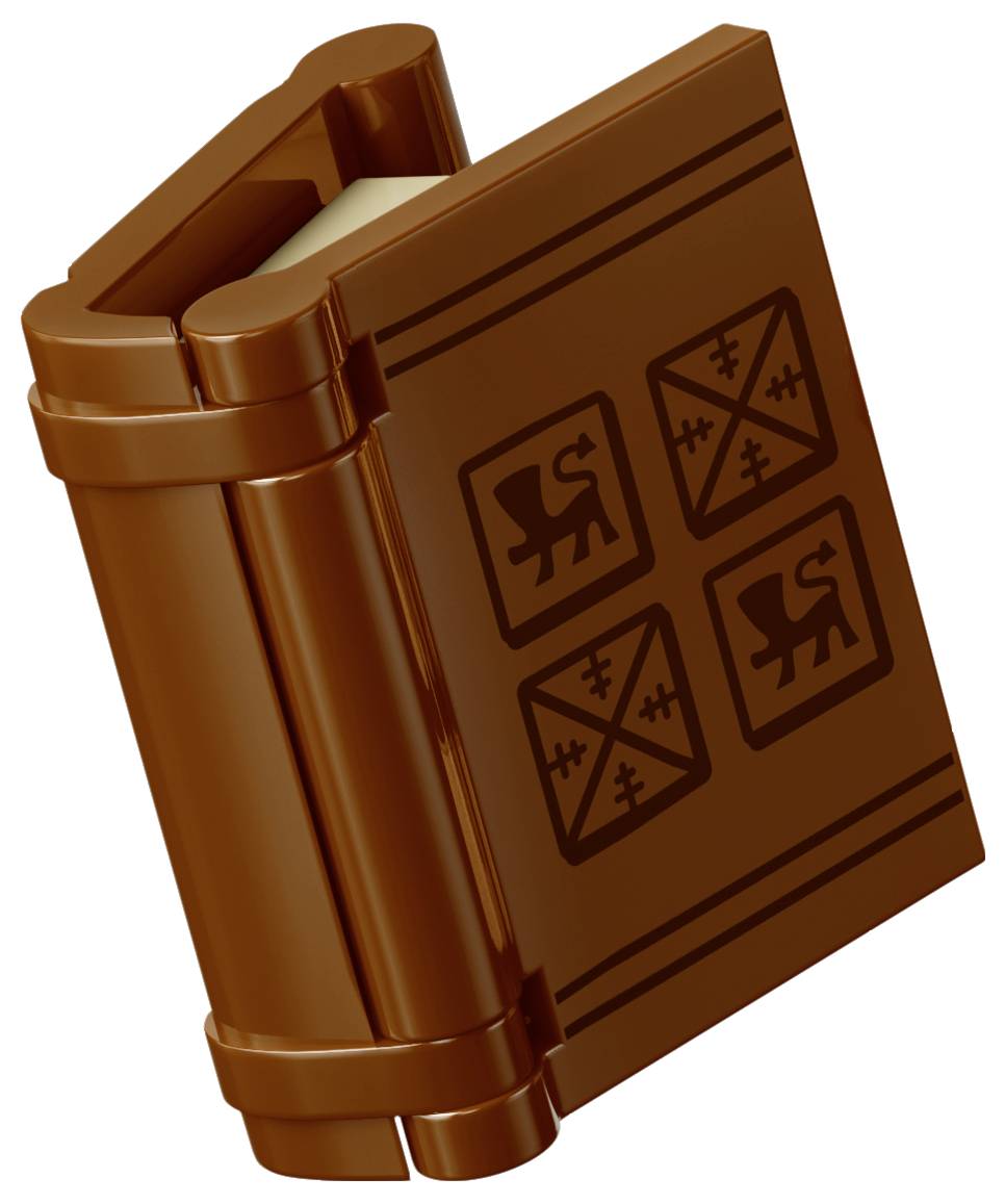 A brown leather-bound book or journal with an embossed decorative cover and clasp, shown closed at an angle.<br>