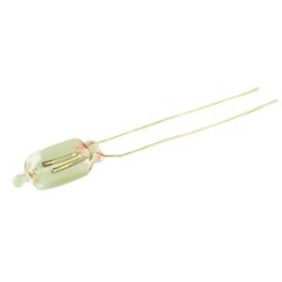 Close-up of a small glass electronic component with two long metal leads, shown isolated on a white background.