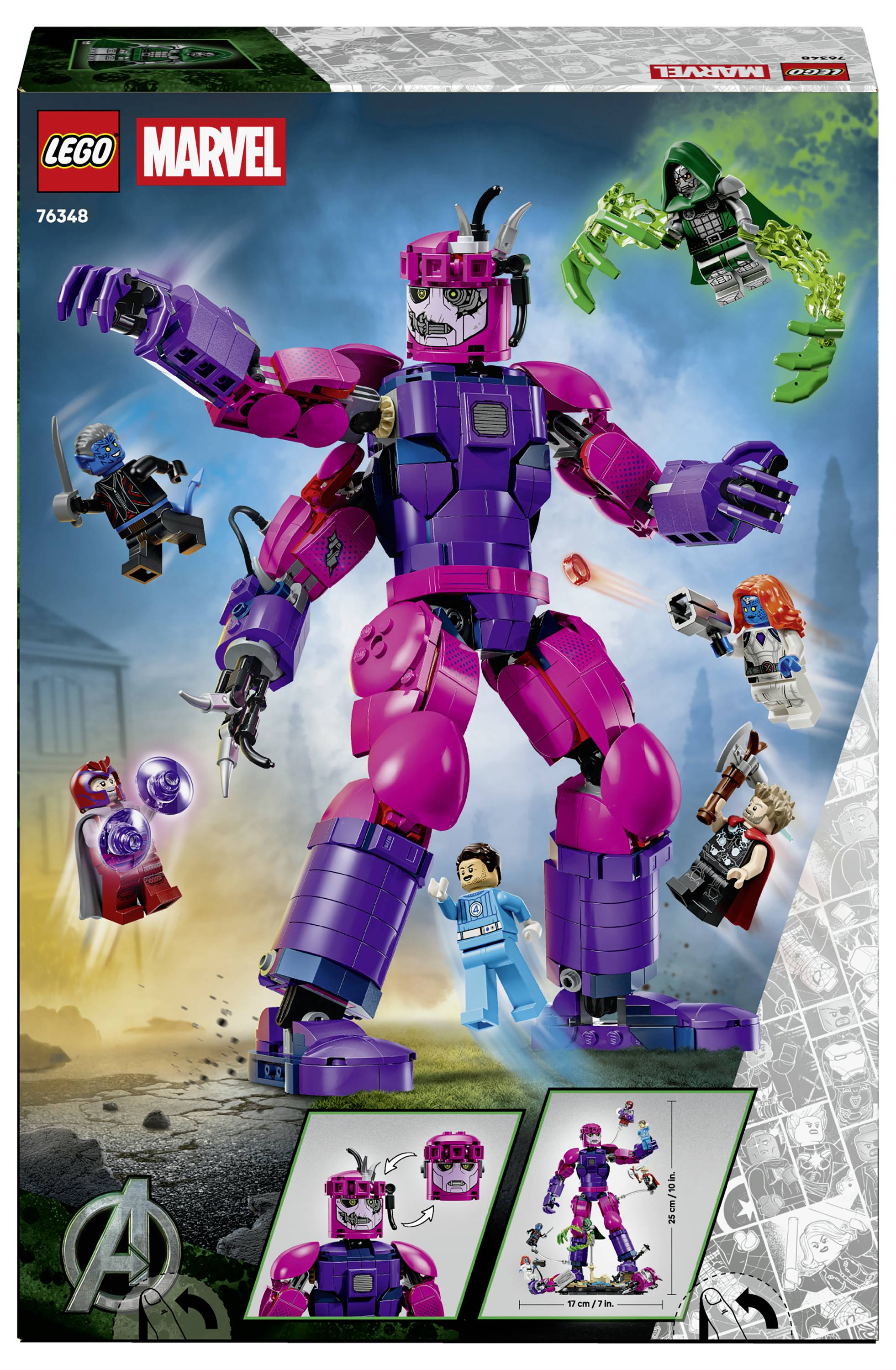 LEGO Marvel box art showing a giant pink-and-purple mecha with smaller superhero minifigures flying around, labeled set 76348.