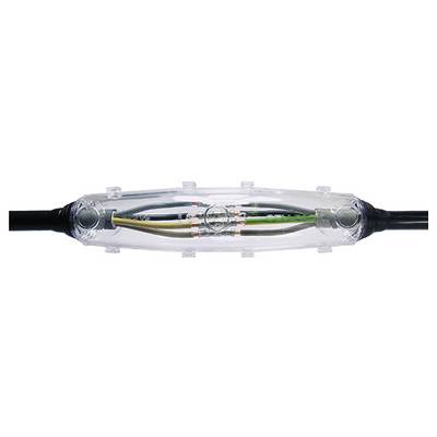 Transparent inline cable splice connector joining black cables with colored wires visible inside the clear housing