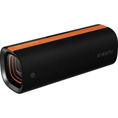 Black cylindrical Xiaomi portable Bluetooth speaker with orange top accents and visible speaker grille<br>