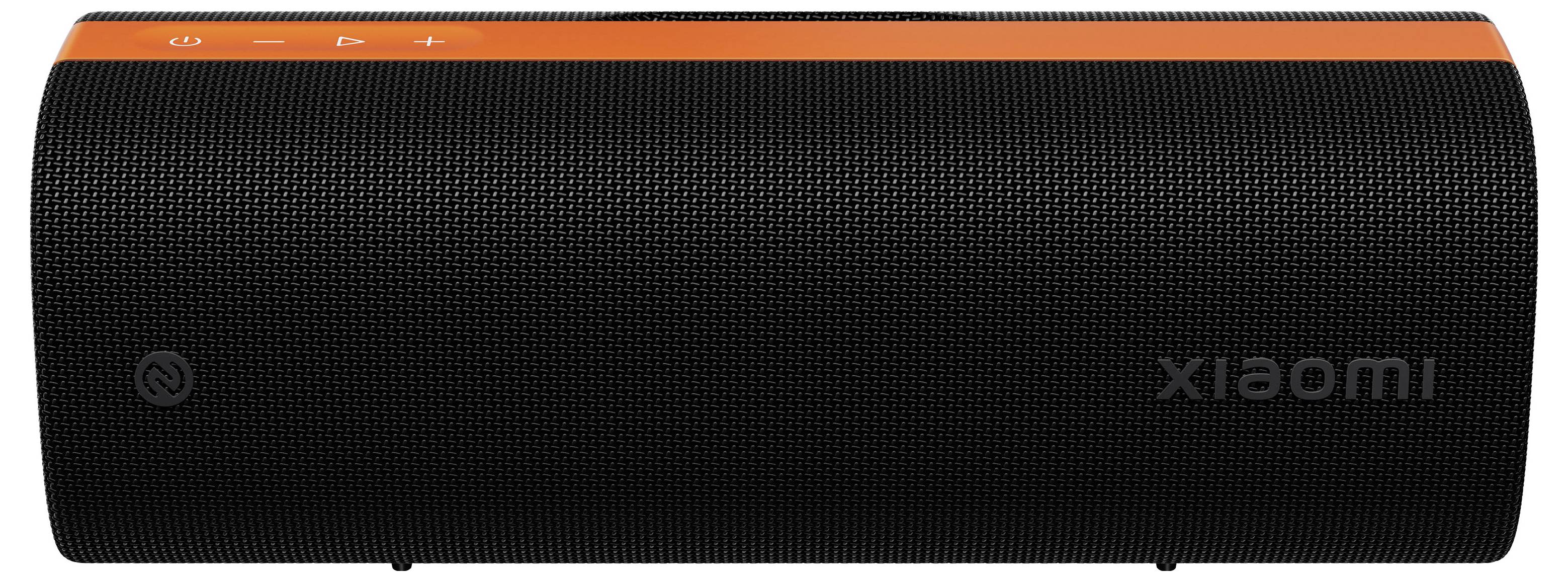 Black Xiaomi portable Bluetooth speaker with orange top and textured front grille, shown in a front view.