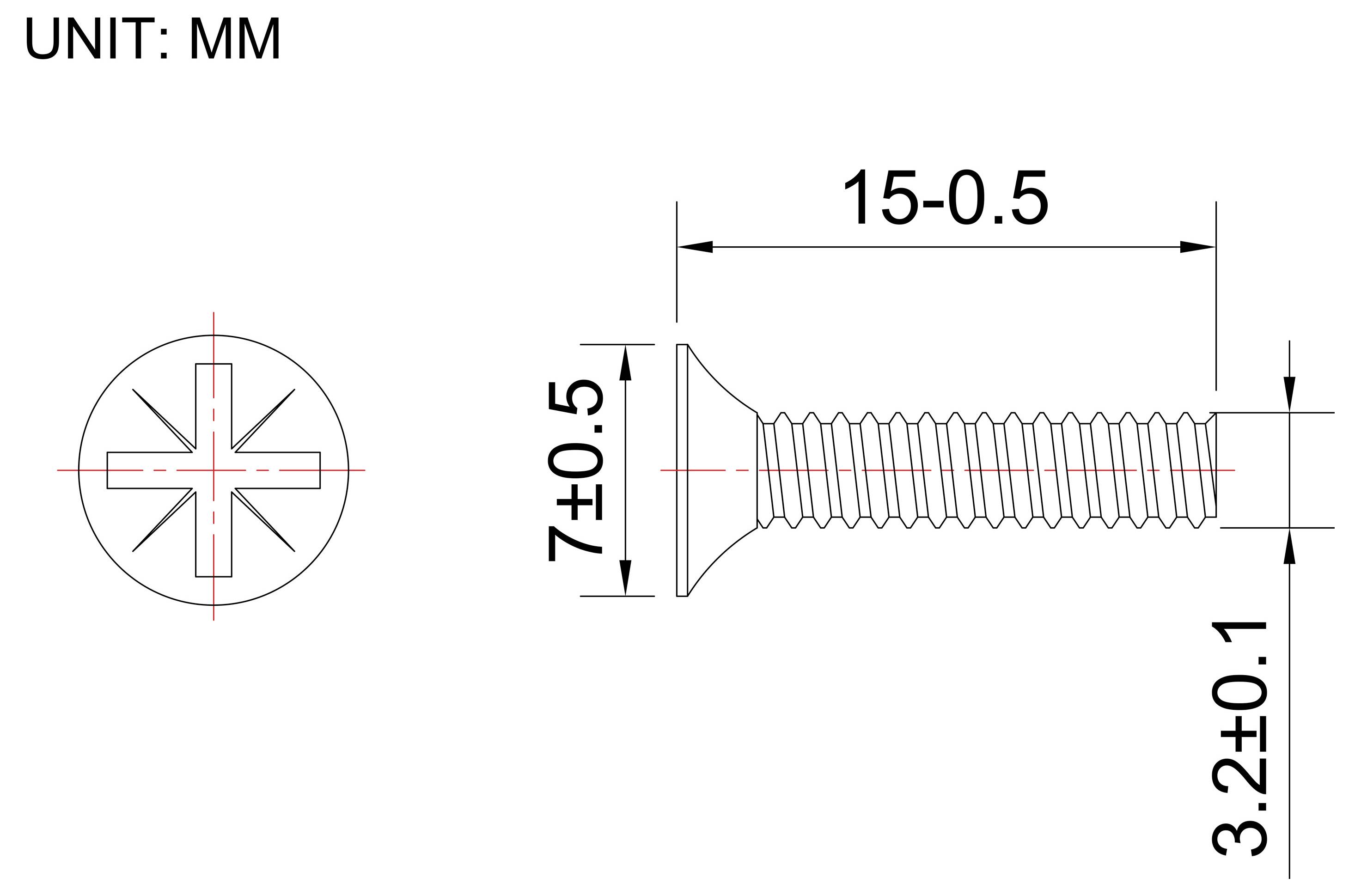 Technical drawing of a Phillips flat-head screw, showing top and side views with dimensions in millimeters: length 15-0.5, head diameter 7±0.5, and shaft diameter 3.2±0.1.