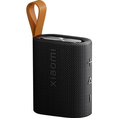 Black cylindrical Xiaomi portable Bluetooth speaker with orange hanging loop and top control buttons, shown against a white background.