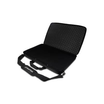 Black zippered carrying case with shoulder strap, open to show a padded interior and textured lid.