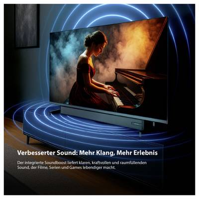Advertising for improved sound: A television with blue lighting shows a pianist; text advertises with 'More Sound, More Experience' and integrated sound boost.