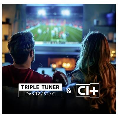 Couple watching football match on television; overlaid text: 'TRIPLE TUNER DVB-T2 / S2 / C & CI+'