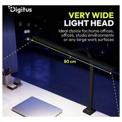 Product image of a Digitus very wide light head desk lamp, labeled 80 cm, shown in a home office setting with text saying it suits offices and studio environments.
